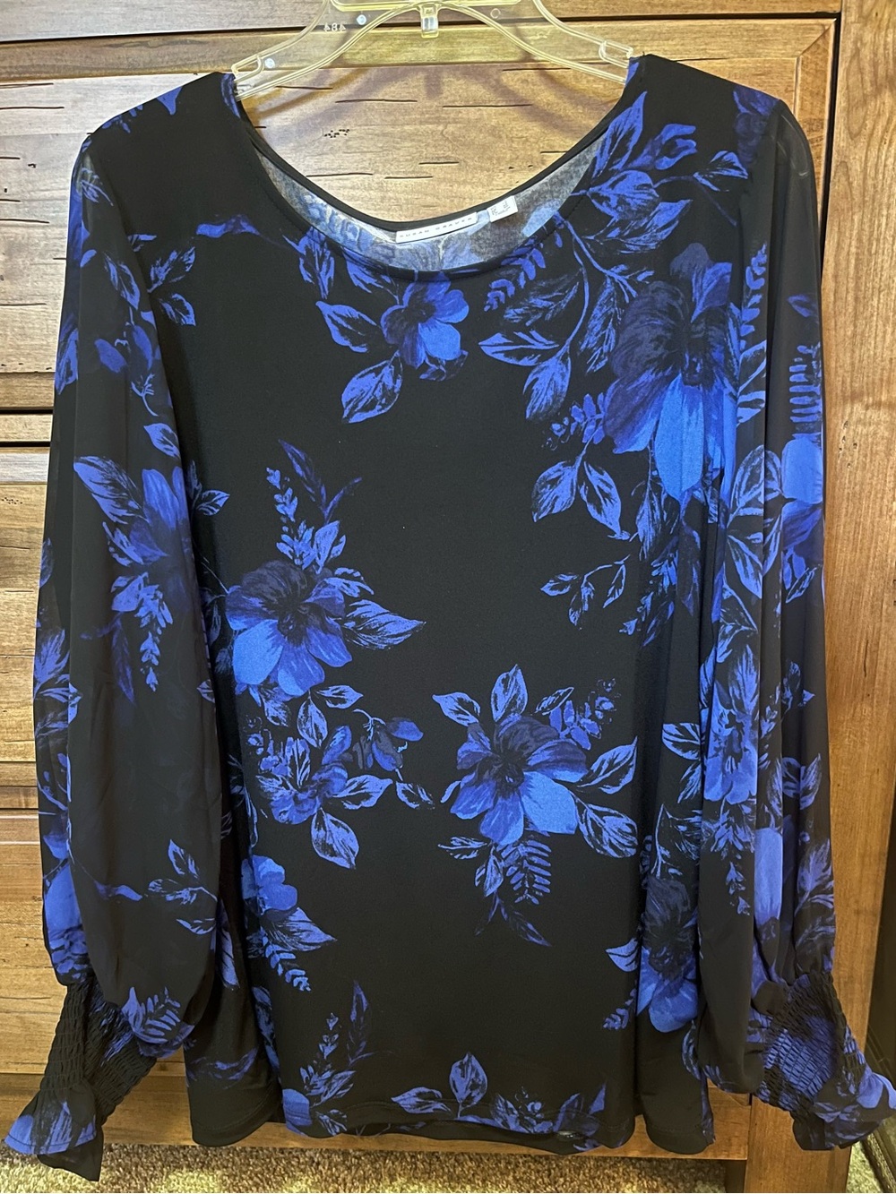 Susan Graver Black Liquid Knit with Chiffon Long Sleeves Top Size L